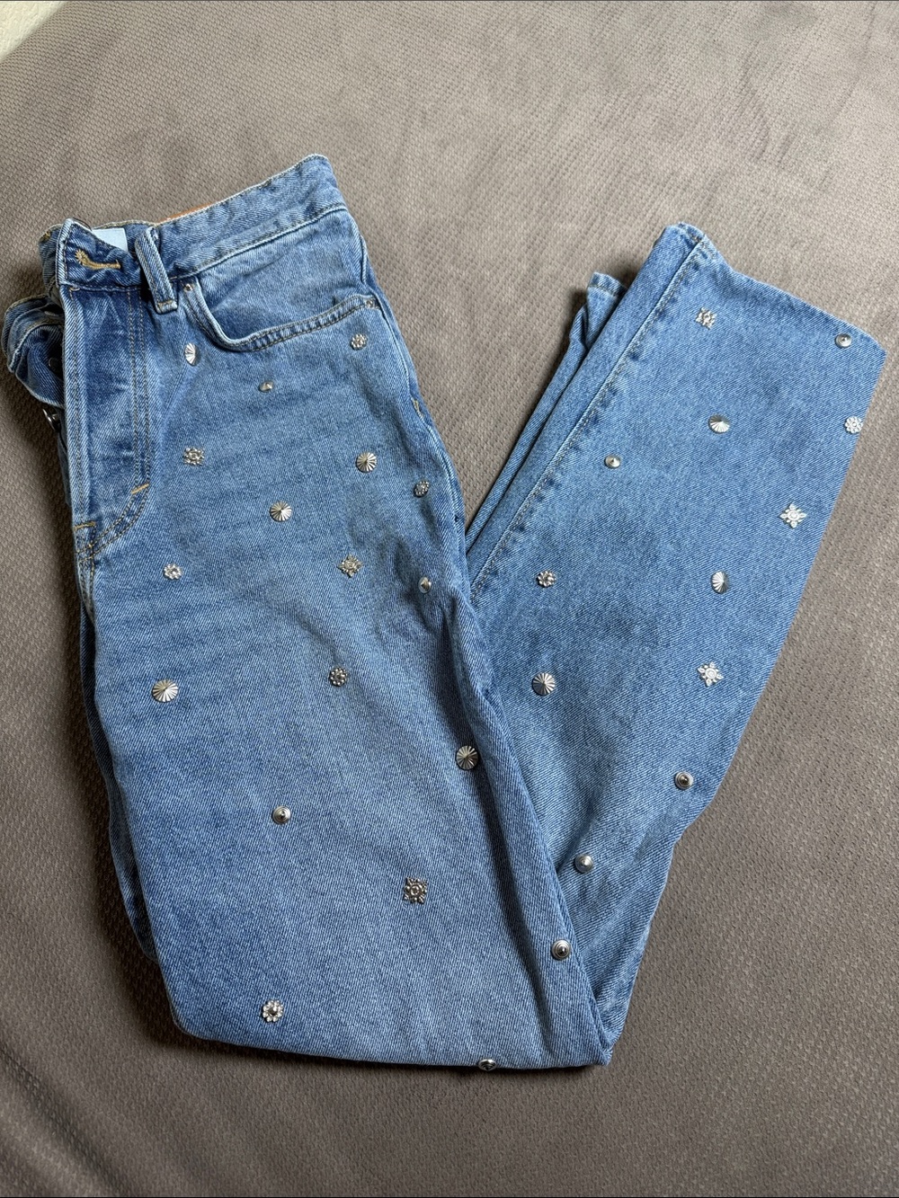 High-Rise Blue Women's Jeans with Silver Stud Embellishments